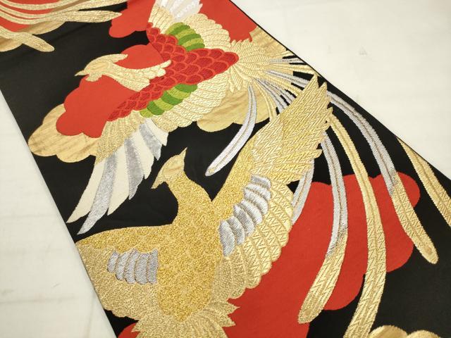 平和屋着物◎六通柄袋帯　唐織　鳳凰　黒地　金銀糸　正絹　逸品　AABK2529pf