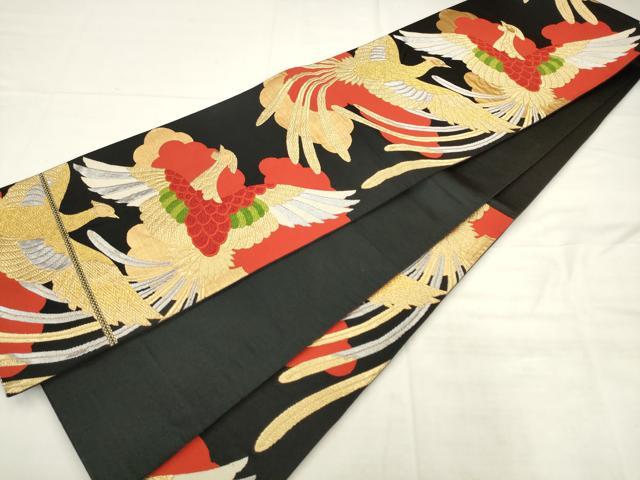平和屋着物◎六通柄袋帯　唐織　鳳凰　黒地　金銀糸　正絹　逸品　AABK2529pf