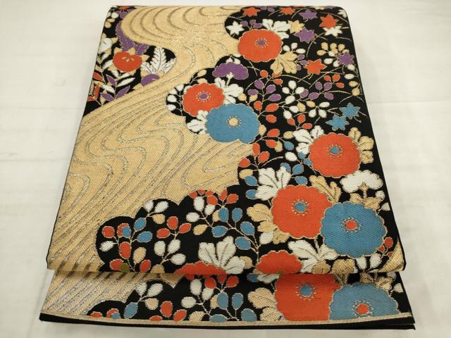 平和屋着物◎六通柄　本袋帯　流水草花文　黒地　金糸　正絹　逸品　AABK2531pf