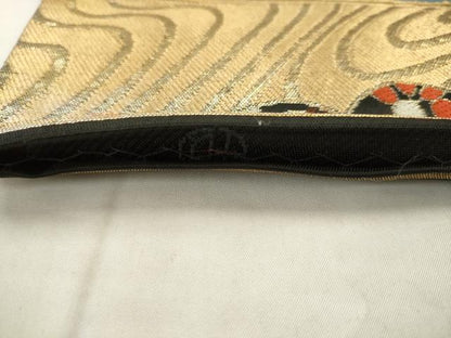 平和屋着物◎六通柄　本袋帯　流水草花文　黒地　金糸　正絹　逸品　AABK2531pf