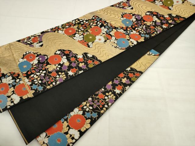 平和屋着物◎六通柄　本袋帯　流水草花文　黒地　金糸　正絹　逸品　AABK2531pf