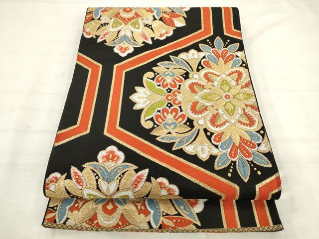 平和屋着物◎六通柄袋帯　唐織　亀甲花文　黒地　金糸　正絹　逸品　AABK2532pf