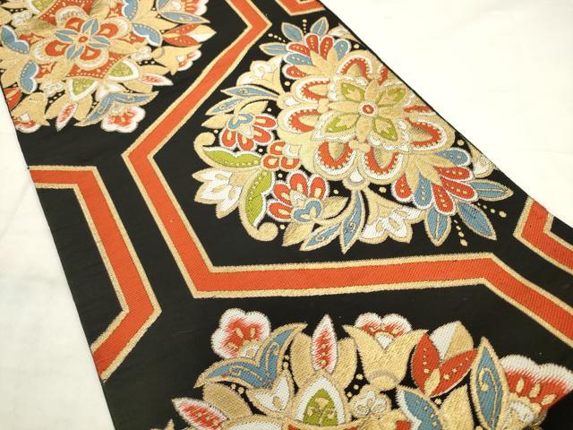平和屋着物◎六通柄袋帯　唐織　亀甲花文　黒地　金糸　正絹　逸品　AABK2532pf