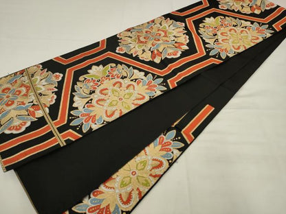 平和屋着物◎六通柄袋帯　唐織　亀甲花文　黒地　金糸　正絹　逸品　AABK2532pf