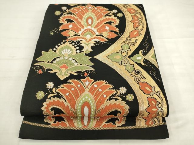 平和屋着物◎六通柄袋帯　唐織　更紗花文　黒地　金糸　正絹　逸品　AABK2536pf