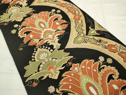 平和屋着物◎六通柄袋帯　唐織　更紗花文　黒地　金糸　正絹　逸品　AABK2536pf