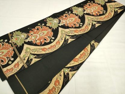 平和屋着物◎六通柄袋帯　唐織　更紗花文　黒地　金糸　正絹　逸品　AABK2536pf