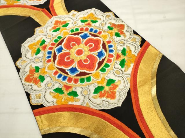 平和屋着物◎六通柄袋帯　唐織　飾花文　黒地　金銀糸　正絹　逸品　AABK2537pf