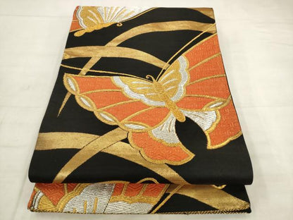 平和屋着物◎六通柄袋帯　舞蝶文　黒地　金銀糸　正絹　逸品　AABK2540pf