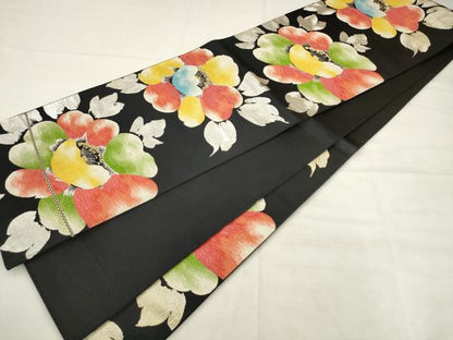 平和屋着物◎六通柄袋帯　舞花文　黒地　金銀糸　正絹　逸品　AABK2541pf
