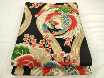 平和屋着物◎六通柄袋帯　唐織　立涌鳳凰花文　黒地　金糸　正絹　逸品　AABK2543pf