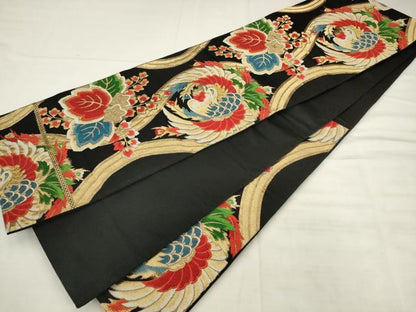平和屋着物◎六通柄袋帯　唐織　立涌鳳凰花文　黒地　金糸　正絹　逸品　AABK2543pf