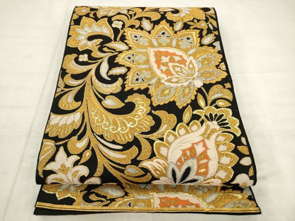 平和屋着物◎六通柄袋帯　更紗花文　黒地　金糸　正絹　逸品　AABK2544pf
