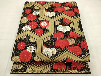 平和屋着物◎六通柄袋帯　唐織　草花文　黒地　金糸　正絹　逸品　AABK2545pf