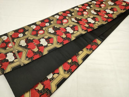 平和屋着物◎六通柄袋帯　唐織　草花文　黒地　金糸　正絹　逸品　AABK2545pf