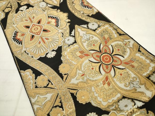 平和屋着物◎六通柄袋帯　立涌花文　黒地　金糸　正絹　逸品　AABK2546pf