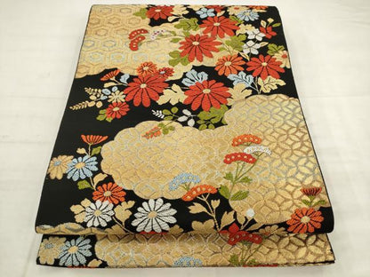 平和屋着物◎六通柄　京本袋帯　唐織　雲取り草花文　黒地　金銀糸　正絹　逸品　AABK2547pf