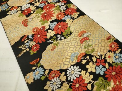 平和屋着物◎六通柄　京本袋帯　唐織　雲取り草花文　黒地　金銀糸　正絹　逸品　AABK2547pf