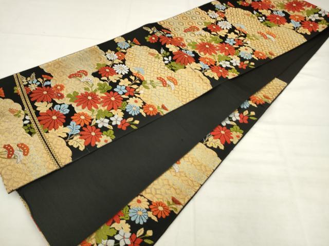平和屋着物◎六通柄　京本袋帯　唐織　雲取り草花文　黒地　金銀糸　正絹　逸品　AABK2547pf