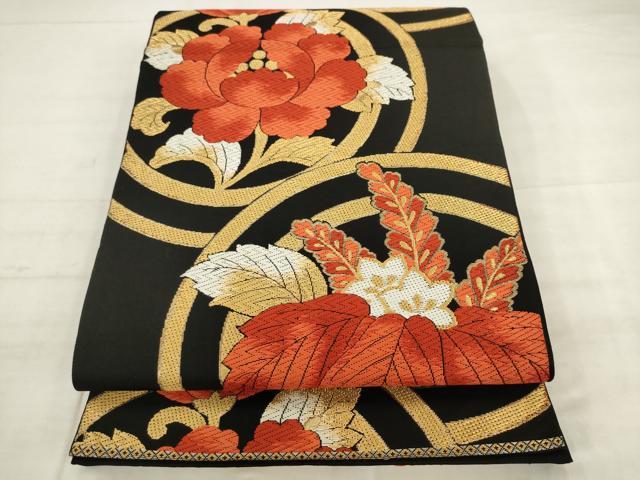 平和屋着物◎六通柄　本袋帯　唐織　草花丸文　黒地　金糸　正絹　逸品　AABK2548pf