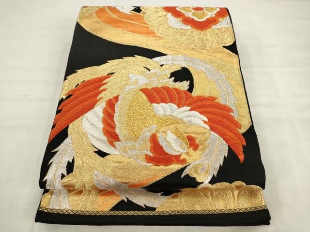 平和屋着物◎六通柄袋帯　唐織　鳳凰花文　黒地　金銀糸　正絹　逸品　AABK2553pf