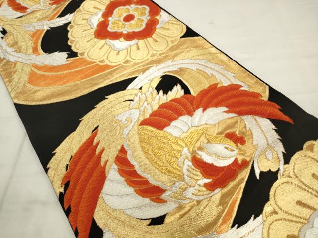 平和屋着物◎六通柄袋帯　唐織　鳳凰花文　黒地　金銀糸　正絹　逸品　AABK2553pf