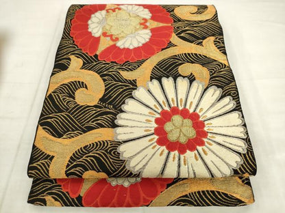 平和屋着物◎六通柄袋帯　立波花文　黒地　金銀糸　正絹　逸品　AABK2556pf