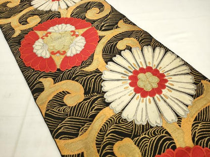 平和屋着物◎六通柄袋帯　立波花文　黒地　金銀糸　正絹　逸品　AABK2556pf
