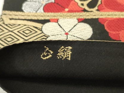平和屋着物◎六通柄袋帯　唐織　雲取り花文　黒地　金銀糸　正絹　逸品　AABK2557pf