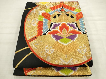 平和屋着物◎六通柄袋帯　唐織　双鶴花文　黒地　金銀糸　正絹　逸品　AABK2560pf