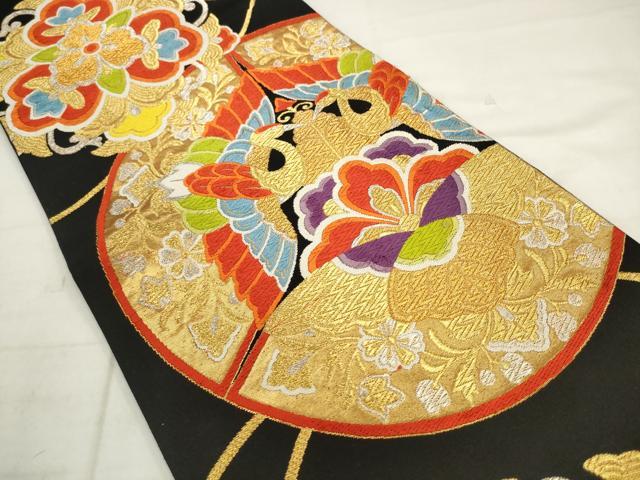 平和屋着物◎六通柄袋帯　唐織　双鶴花文　黒地　金銀糸　正絹　逸品　AABK2560pf