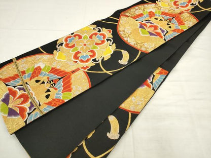 平和屋着物◎六通柄袋帯　唐織　双鶴花文　黒地　金銀糸　正絹　逸品　AABK2560pf