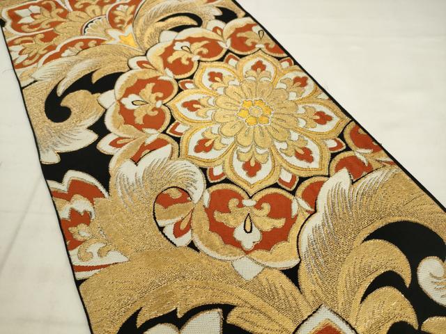 平和屋着物◎六通柄　本袋帯　唐織　更紗花文　黒地　金糸　正絹　逸品　AABK2561pf