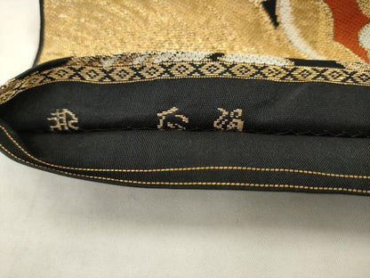 平和屋着物◎六通柄　本袋帯　唐織　更紗花文　黒地　金糸　正絹　逸品　AABK2561pf