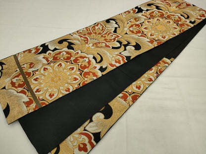 平和屋着物◎六通柄　本袋帯　唐織　更紗花文　黒地　金糸　正絹　逸品　AABK2561pf