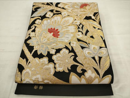 平和屋着物◎六通柄　本袋帯　唐織　都錦　更紗花文　黒地　金銀糸　正絹　逸品　AABK2567pf
