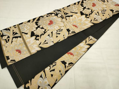 平和屋着物◎六通柄　本袋帯　唐織　都錦　更紗花文　黒地　金銀糸　正絹　逸品　AABK2567pf