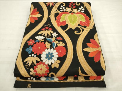 平和屋着物◎六通柄　本袋帯　唐織　立涌花蝶文　黒地　金糸　正絹　逸品　AABK2568pf