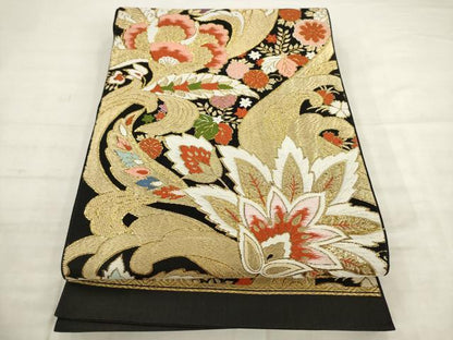 平和屋着物◎六通柄袋帯　唐織　更紗花文　黒地　金糸　正絹　逸品　AABK2569pf