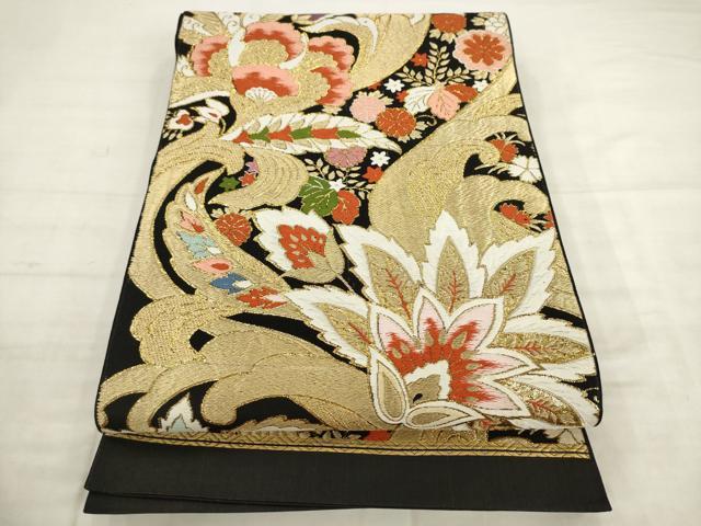平和屋着物◎六通柄袋帯　唐織　更紗花文　黒地　金糸　正絹　逸品　AABK2569pf