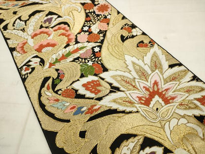 平和屋着物◎六通柄袋帯　唐織　更紗花文　黒地　金糸　正絹　逸品　AABK2569pf