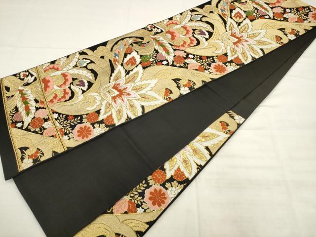 平和屋着物◎六通柄袋帯　唐織　更紗花文　黒地　金糸　正絹　逸品　AABK2569pf