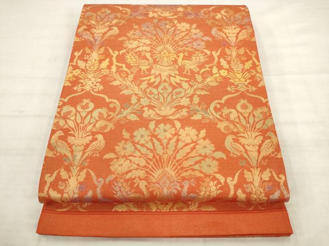 平和屋着物◎六通柄袋帯　双鳥更紗花文　金糸　正絹　逸品　AABK2570pf