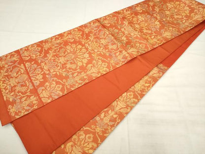 平和屋着物◎六通柄袋帯　双鳥更紗花文　金糸　正絹　逸品　AABK2570pf