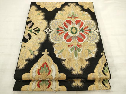 平和屋着物◎六通柄袋帯　唐織　飾花文　黒地　金糸　正絹　逸品　AABK2572pf
