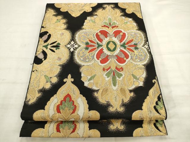 平和屋着物◎六通柄袋帯　唐織　飾花文　黒地　金糸　正絹　逸品　AABK2572pf