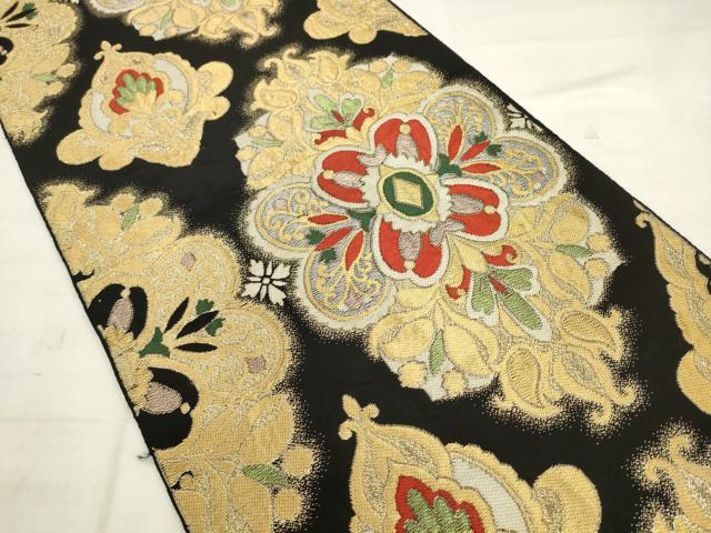 平和屋着物◎六通柄袋帯　唐織　飾花文　黒地　金糸　正絹　逸品　AABK2572pf