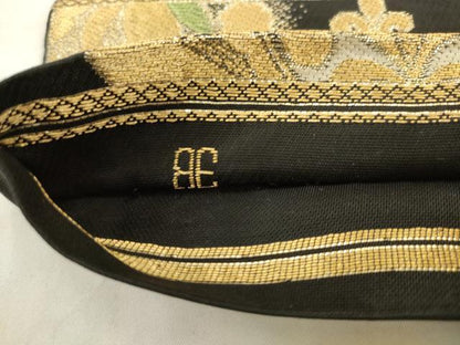平和屋着物◎六通柄袋帯　唐織　飾花文　黒地　金糸　正絹　逸品　AABK2572pf