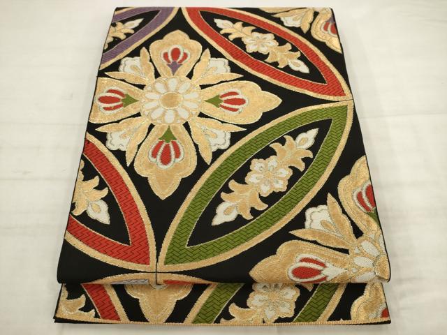 平和屋着物◎六通柄　本袋帯　唐織　七宝花文　黒地　金糸　正絹　逸品　AABK2573pf