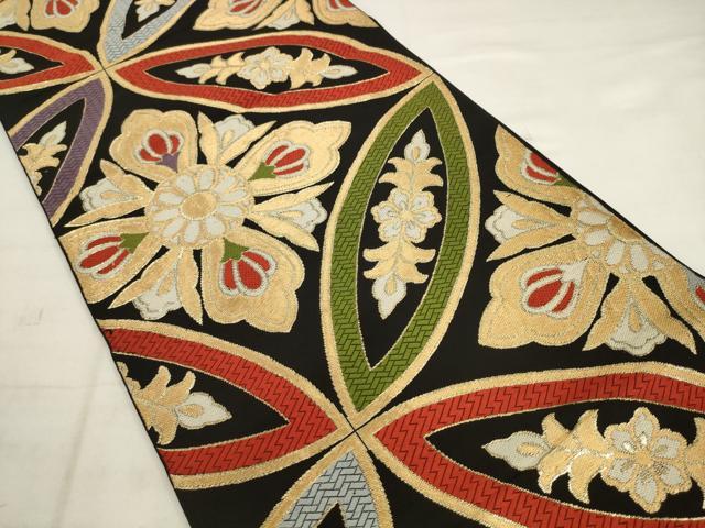 平和屋着物◎六通柄　本袋帯　唐織　七宝花文　黒地　金糸　正絹　逸品　AABK2573pf